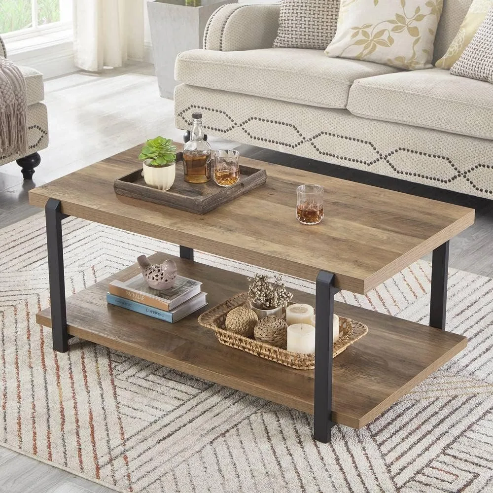 

Industrial Coffee Table with Shelf, Wood and Metal Rustic Cocktail Table for Living Room, Oak