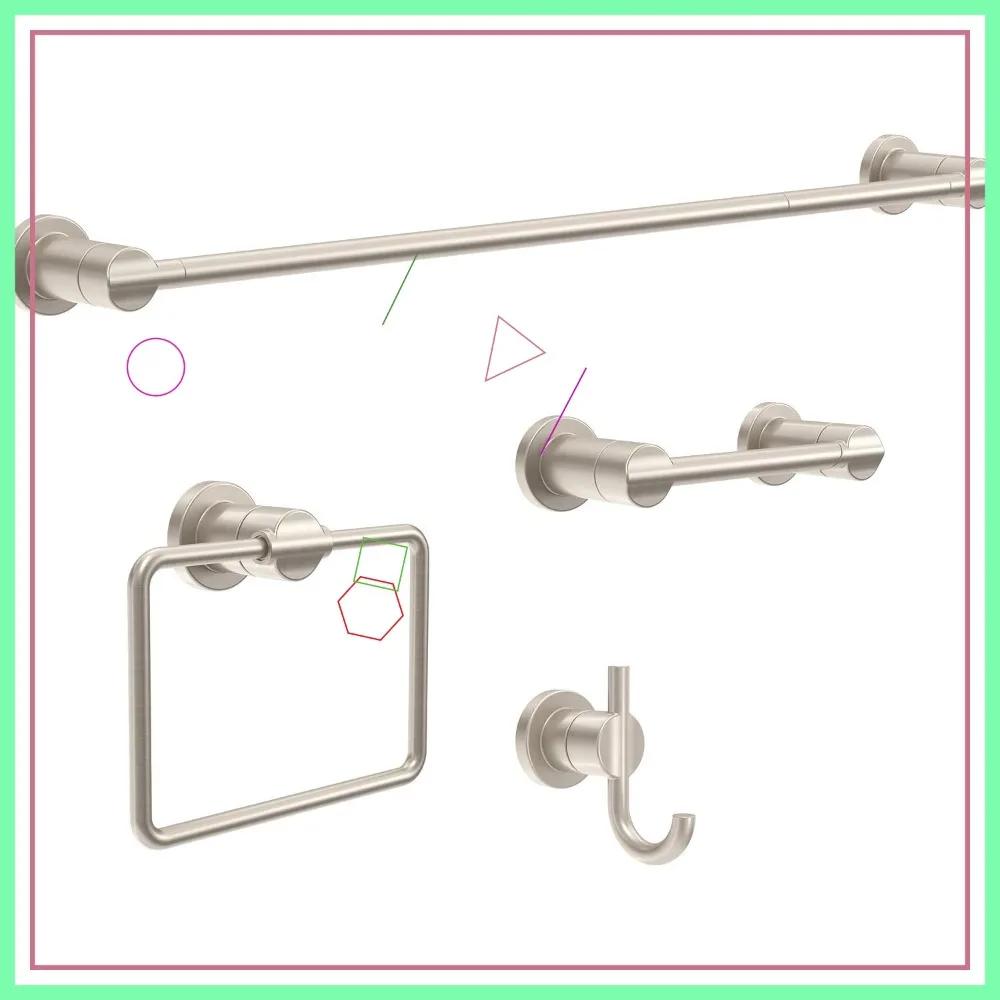 

4-Piece Bath Hardware Set in Brushed Nickel: Towel Bar, Toilet Paper Holder, Towel Ring, Hook (18-24 in)