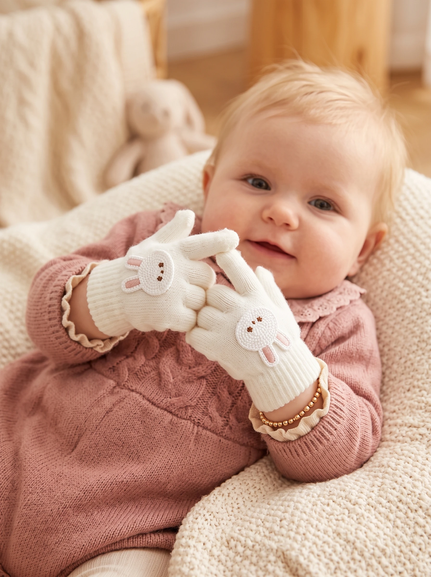3Pairs Baby Girls Knitted Full Finger Gloves, Embroidered Rabbit Candy Color Thick Toddler Mittens for Autumn Winter Daily Wear