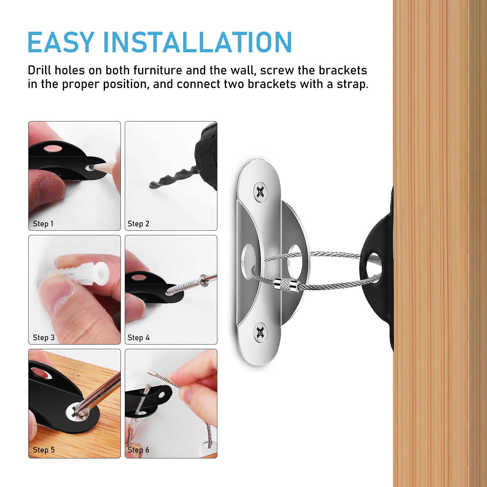 

2 pcs Furniture Safety Straps Baby Proofing Cold Rolled Steel Stainless Effective Protection Reinforced Structure Easy