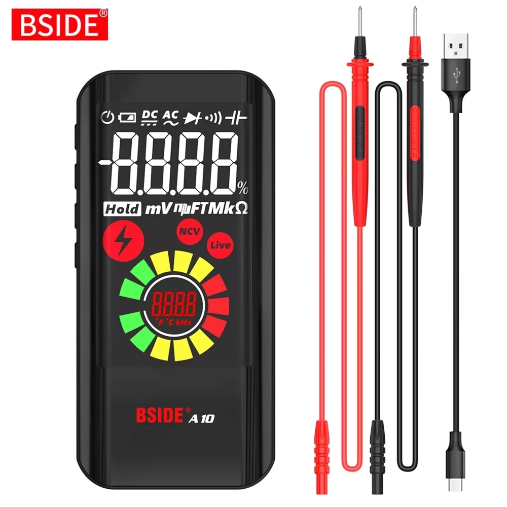 BSIDE A10 Profesional Digital Multimeter 9999 True RMS LCD Voltage DC AC Voltage Capacitance Ohm Diode NCV Hz Live Wire Testers