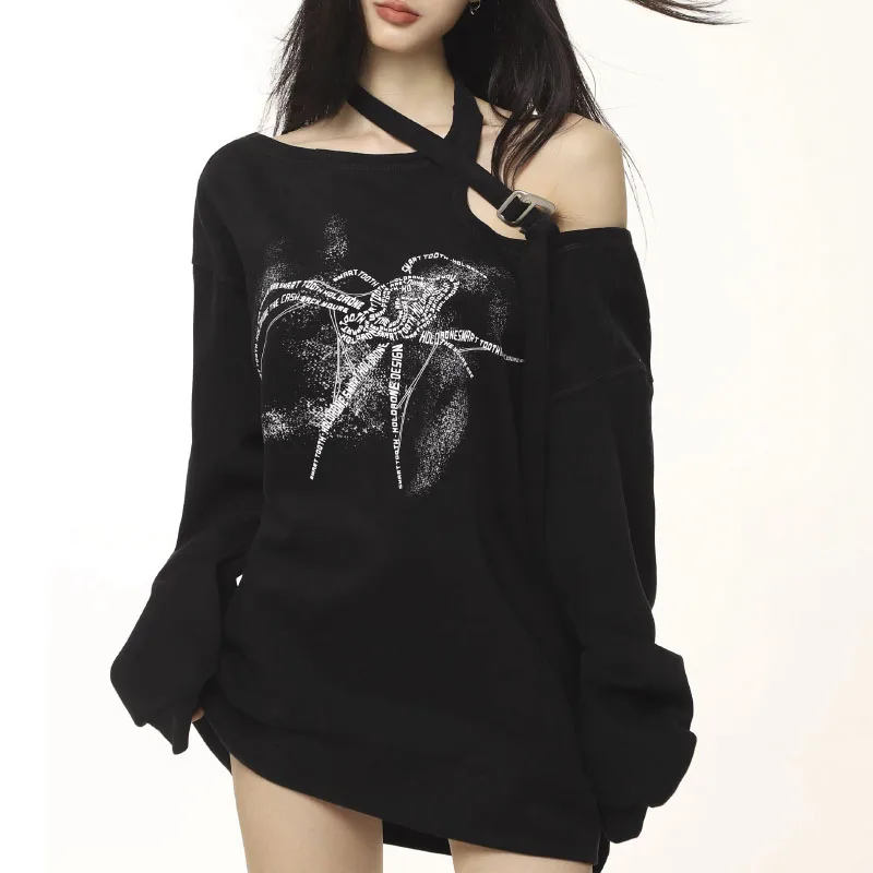 

Asymmetrical Sense Of Design Long Sleeve Hoodie Black Sexy Off-the-shoulder Pullovers Female Vintage Hoodies Tops