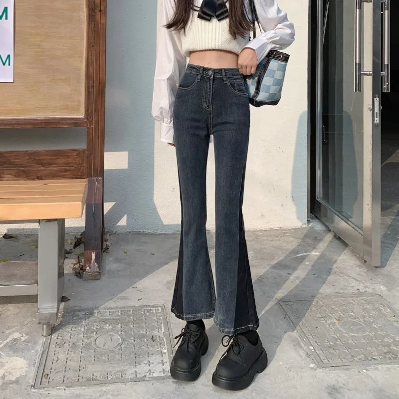 High Waist Bell Bot Jeans Women plus Size Patchwork Design Autumn Winter New Sle Slim Fit Nine Points Pants