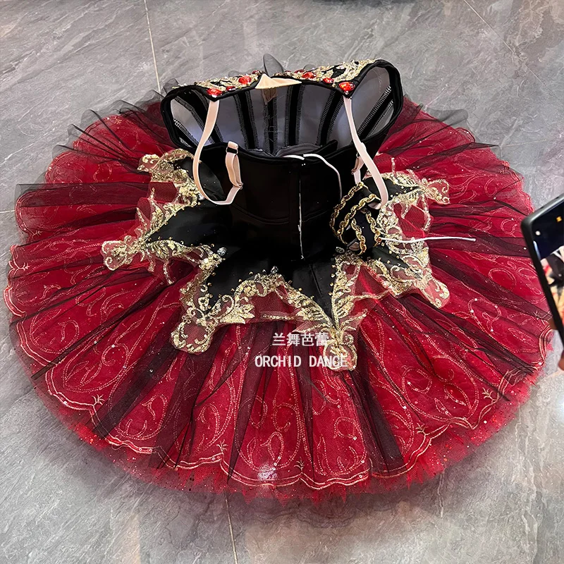 Womens Thin Strap Ballet Tutu Performance Dress Gold Line Scroll Ruby Rhinestone Embroidery Five Pointed Star Trim Black Red Con