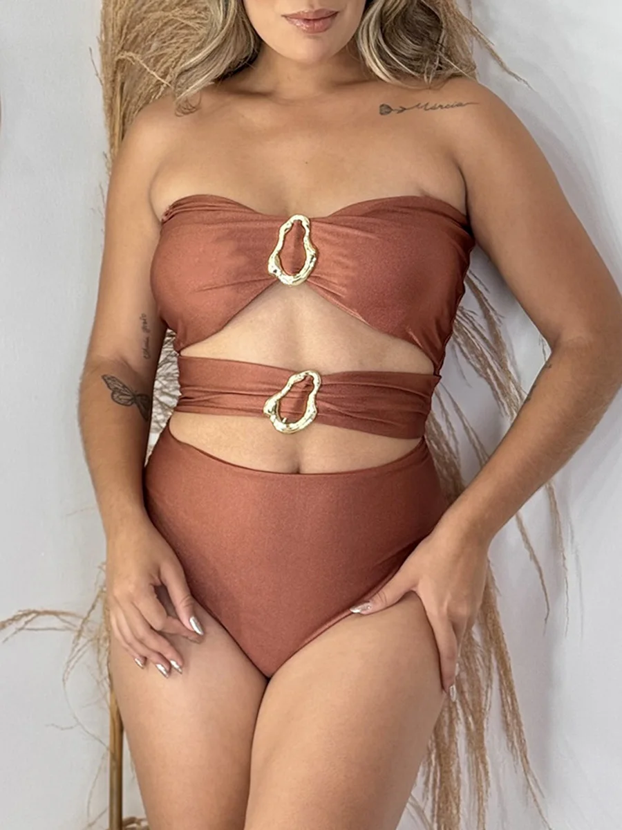 Metal Ring Hollow Out One Piece Swimsuit Female Swimwear Women Bandeau Monokini High Leg Cut Bather Bathing Suit Swim Beachwear