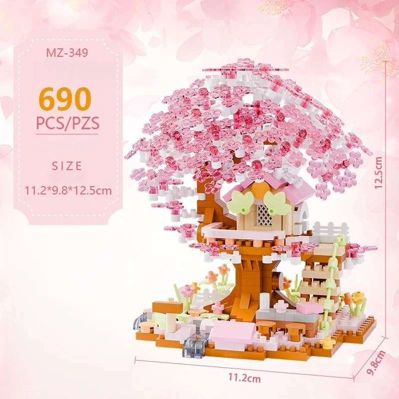 600+ Teile Vierfarbiger Kirschblüten-Baumhaus-Baustein-Bausatz, Schlafzimmer- und Arbeitszimmer-Montage-Display, Weihnachtsgeschenk (ohne Box) – Detail 6