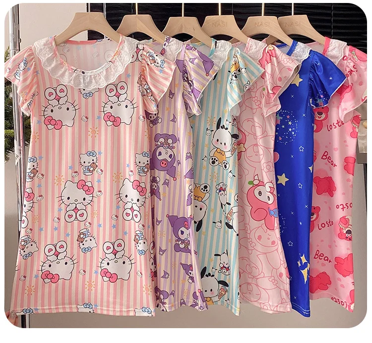 Anime Children's Pajamas Kawaii Nightgown Cinnamoroll Kuromi Pochacco Cute Nightdress Short-sleeve Sleepwear Dress Girl Gift