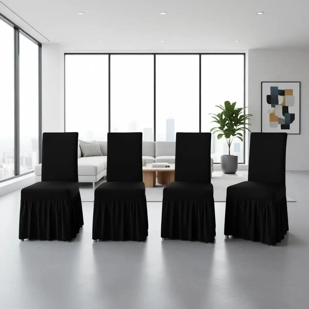 

Чехлы для стульев в обеденную зону, комплект из 4 штук с юбкой, тканевые, моющиеся, черные (4 шт.)