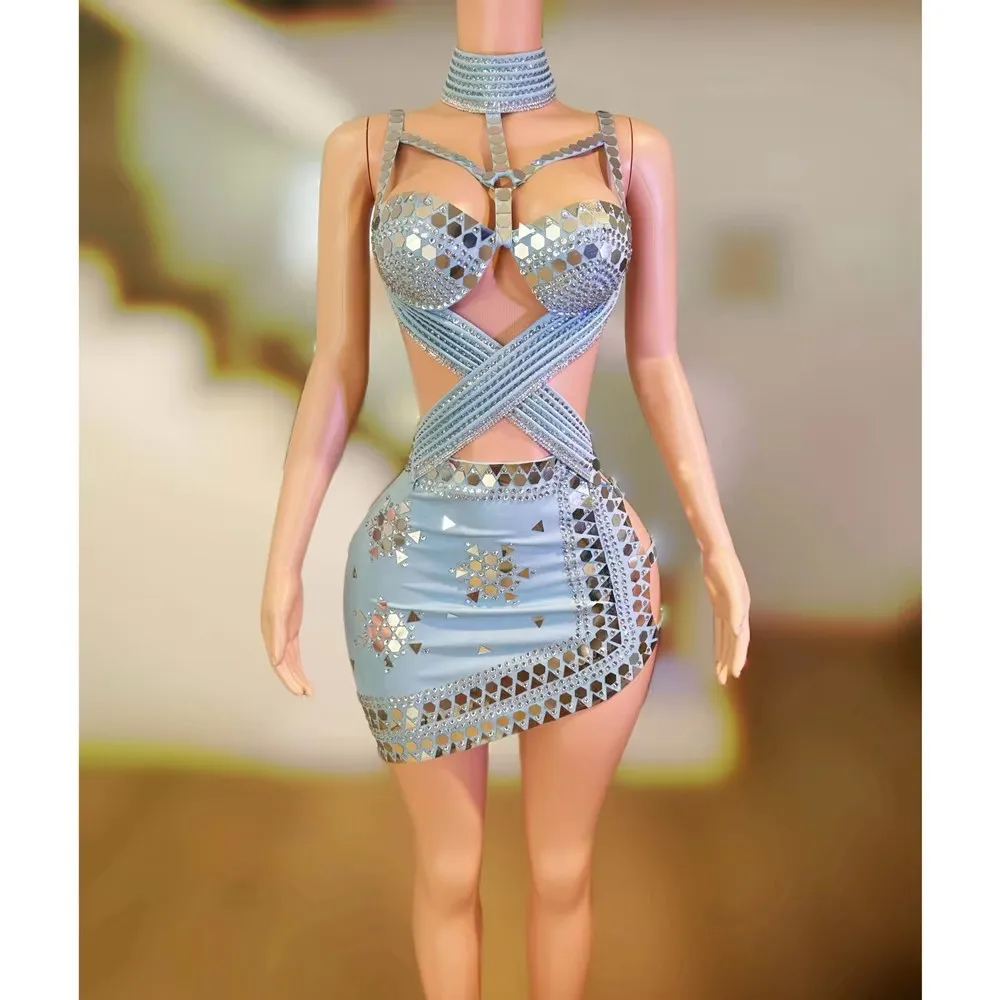 Bar Nightclub Sexy High Slit Short Dress Women Singer Club Party Performance Stage Costume Purple Black Rhinestones Mini Dress