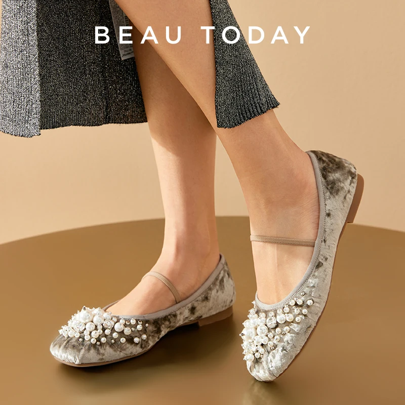 BEAUTODAY Elegant Mary Janes Women Flannel Solid Color Bead Round Toe Slip-on Spring Ballet Ladies Flat Shoes Handmade 28084