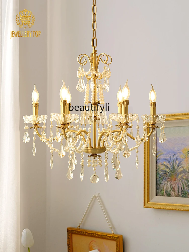 zqEuropean-Style Copper Crystal Chandelier French Entry Lux Living Room Dining Room Bedroom Girl's Room American Hallway Pearl