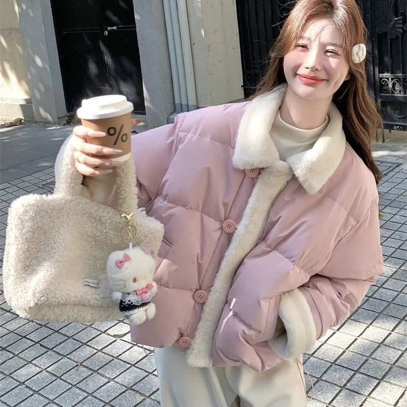 

2025 New Short Down Cotton Jacket Women Autumn Winter Blue Lamb Wool Splicing Windproof Warm Overcoat Student Loose Coats
