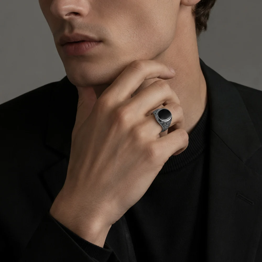 Black Oval Signet Ring Europe Style Fine Jewelry For Women Men Summer Brand New Vintage 925 Sterling Silver Gift