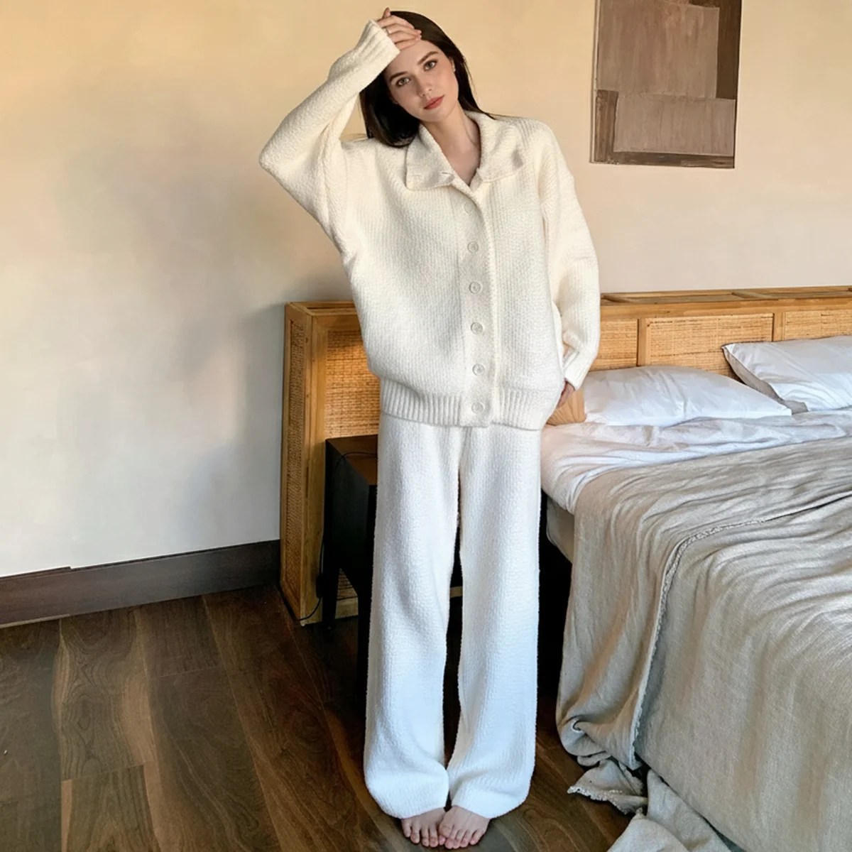 

Winter Women's Half-fleece Set Thick Soft Stand-up Collar Long sleeve Shirt + Pants 2-piece Set Coral Fleece Loungewear Pajamas