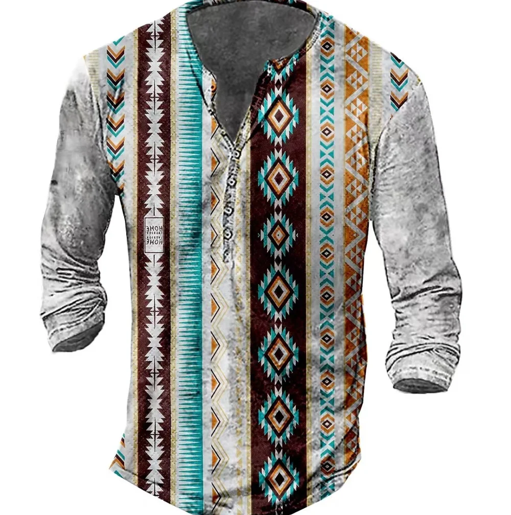 Vintage Men's T Shirt Long Sleeve Top Street Tees Ethnic Graphic 3d Print T-Shirt Fall Oversized Loose Clothing Button T-shirt