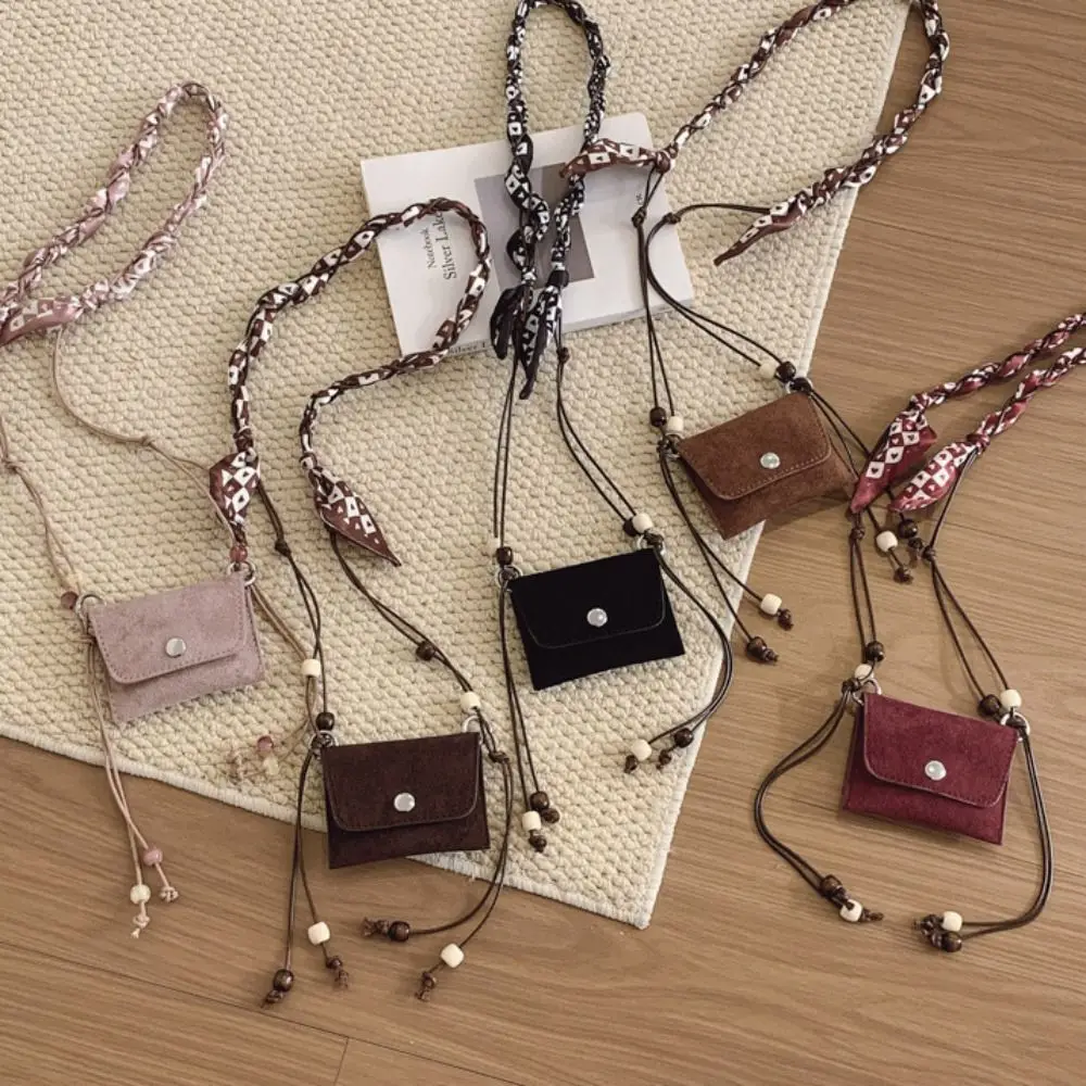

Creative Silk Scarf Suede Crossbody Bag Pu Leather Shoulder Pouch Hanging Neck Bag Small Purse Beads Mini Saddle Bag Women