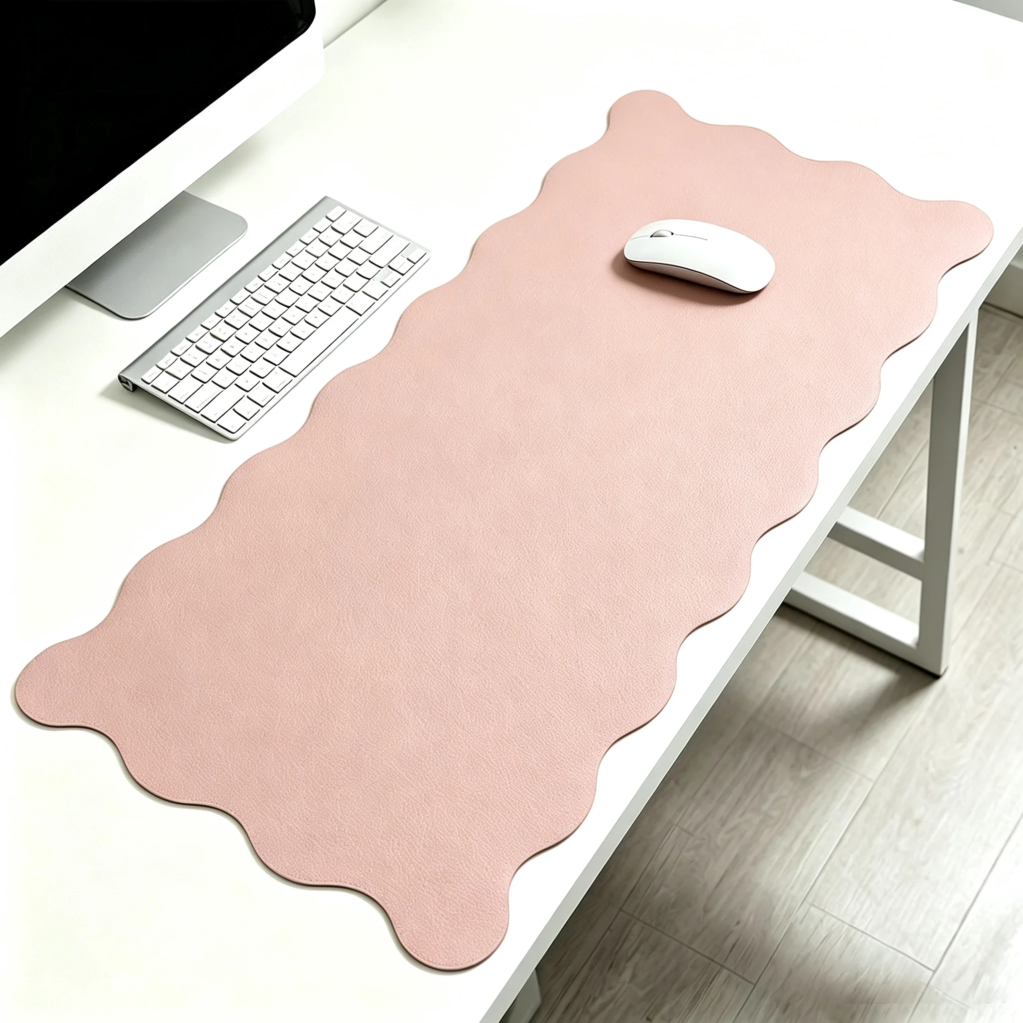 Wavy Edge Leather Desk Pad Protector, Large Mouse Pad, Waterproof Non-Slip PU Desk Mat, Aesthetic Desk Blotter for Office Home