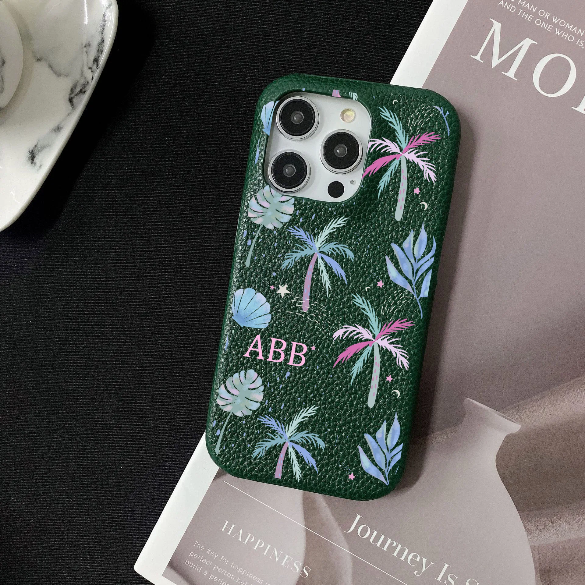 Personalised Customized Name Colored coconut trees Leather Case For iPhone 16 15 14 13 12 Pro Max Initials Letter Engraved Cover