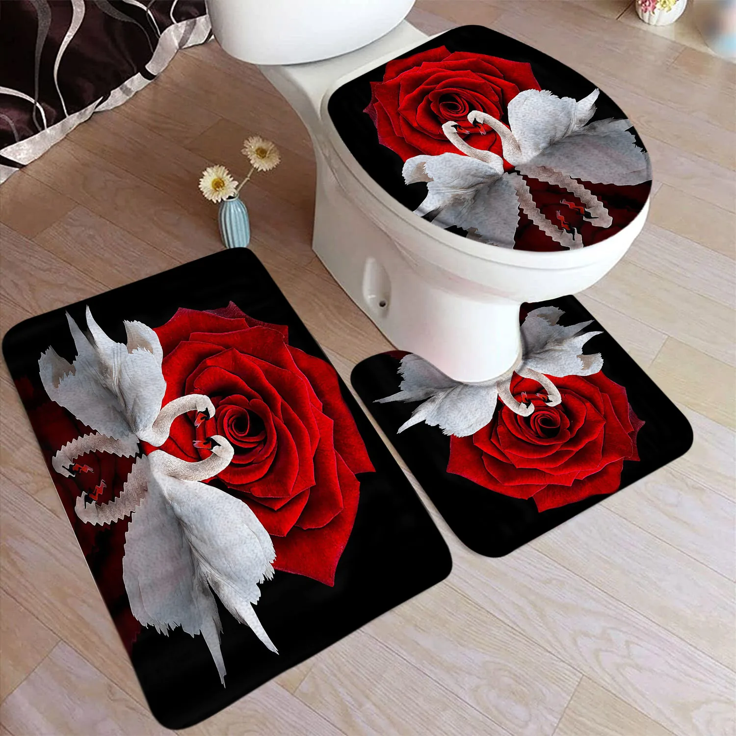 

Floral White Swan Bath Mat Set Red Rose Flower Animal Water Reflection Black Home Carpet Bathroom Decor Floor Rugs Toilet Cover