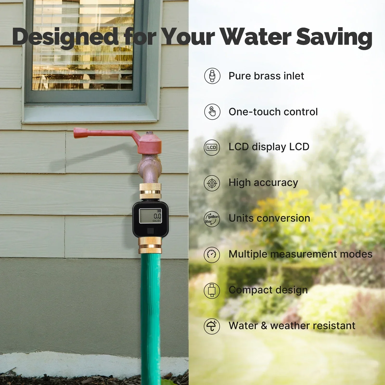 MOES Digital Water Flow Meter Brass Inlet IPX6 Waterproof High Accuracy Water Saving for Outdoor Garden Watering Irrigation Hose