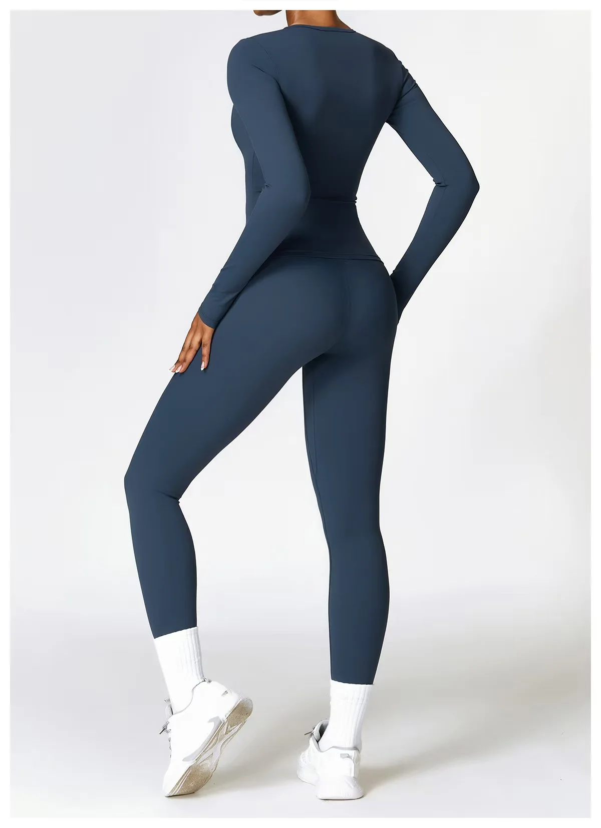 Conjunto de 2 piezas de Yoga azul sin costuras para mujer, ropa de entrenamiento para gimnasio, Top corto de manga larga, mallas de cintura alta, conjunto de ropa deportiva