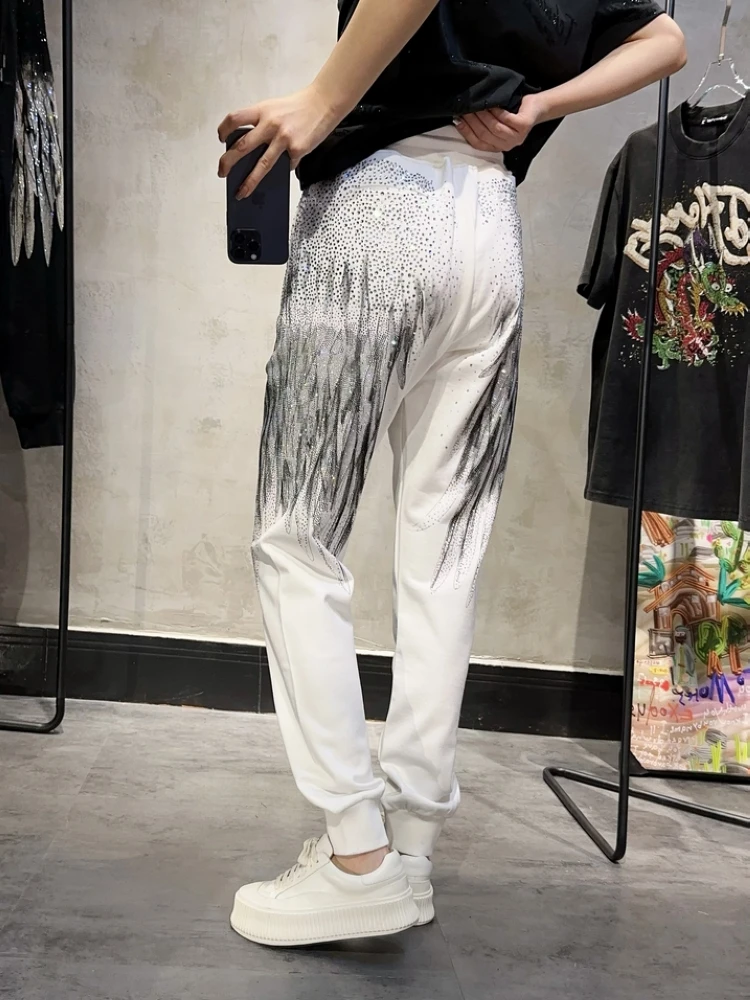 Calça de moletom feminina de luxo brilhante asas grandes, calça casual harém, streetwear bonito, calça de malha unissex, comprimento do tornozelo, perfuração a quente, perfuração a quente