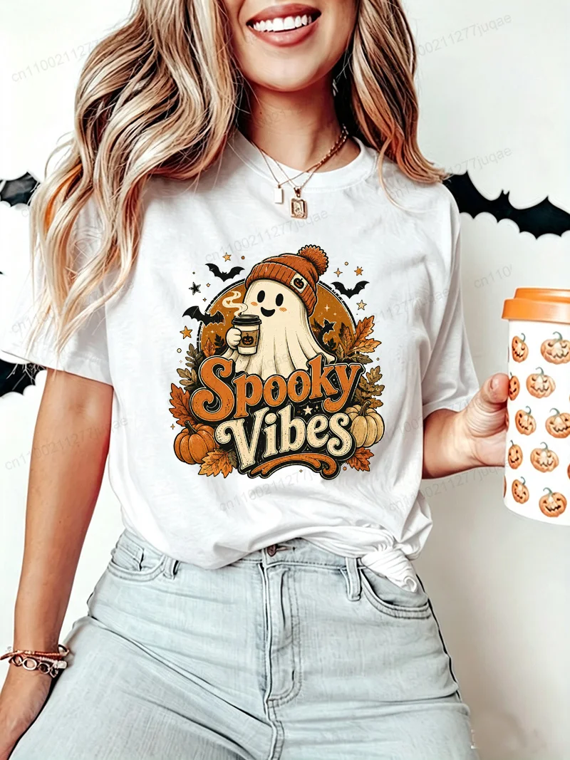 Damen Halloween Spooky Vibes Geister-Print T-Shirt Geister-Kaffee-Kürbis-Fledermaus-Grafik-T-Shirts Kurzarm-Oberteile Halloween-Party-T-Shirt – Detail 4