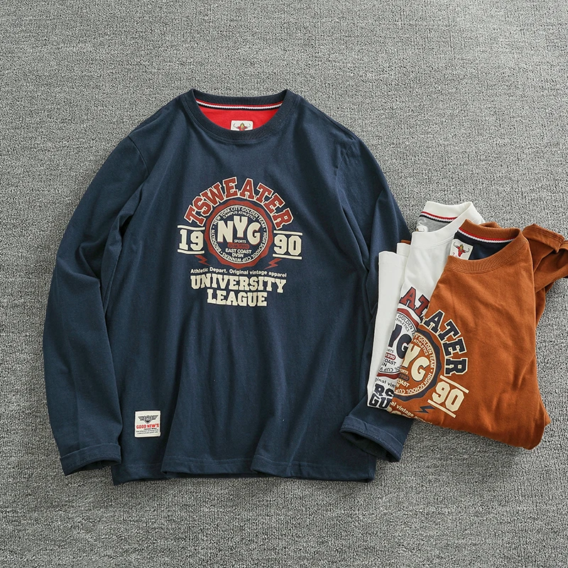 Long Sleeve Cotton T-Shirt Men's Spring Autumn Vintage American Print round Neck Washed Flocking Casual Fashion Urban Style