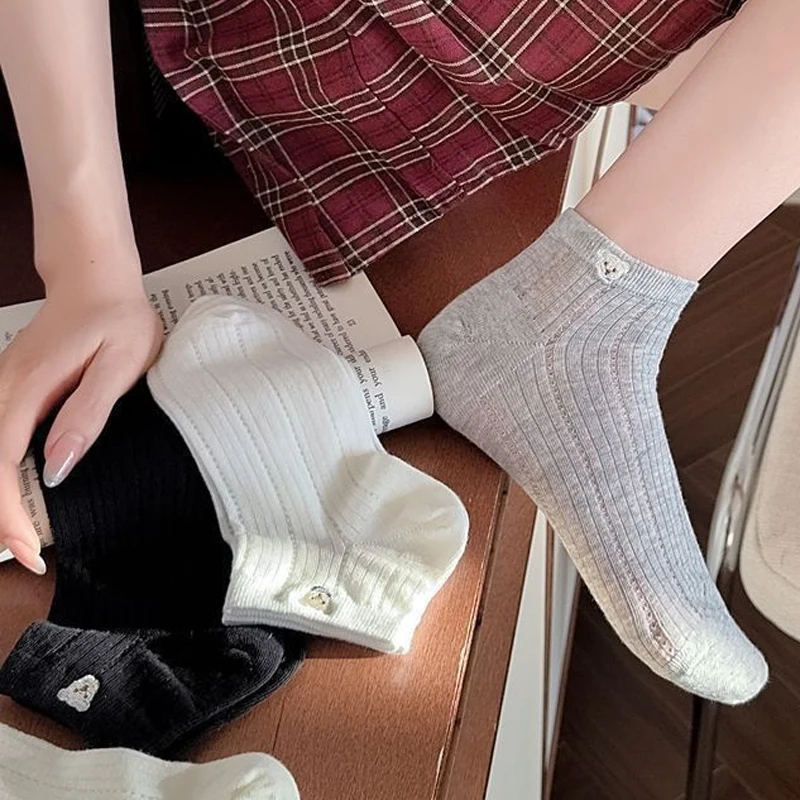 1/5Pairs Cute Bear Pattern Ankle Short Socks Ultra Thin Breathable Women's Low Tube Socks Summer Spring Fashion Solid Color Sock