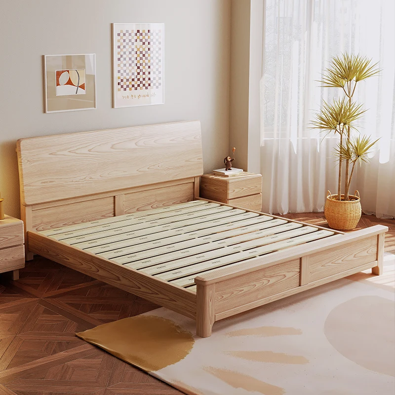 Nordic solid wood double bed, white wax wood, simple modern master bedroom, natural wood color, large room bed, factory direct