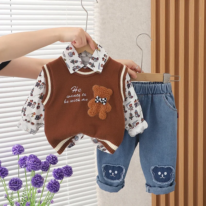 New Fashion Autumn Children Boys Girls Clothes Kids Sweater Vest Jacket Strips T-shirt Pants 3Pcs/Sets Kids Clothing Tracksuits