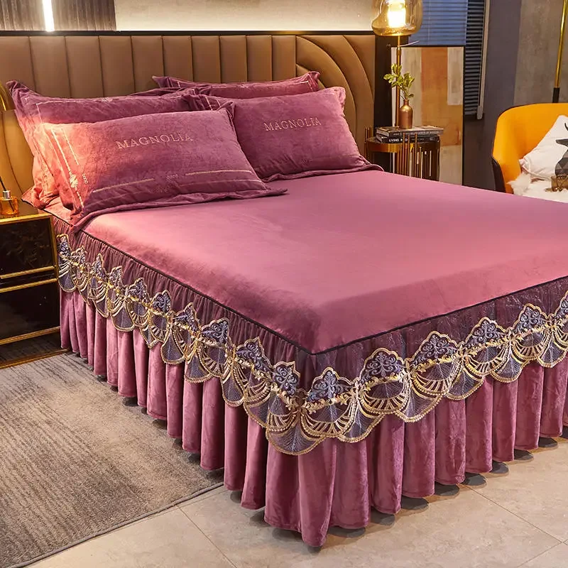 Winter thickening pure color Crystal Velvet Embroidery Duvetcover set  comforter cover bed skirt Pillowcase bedding sets Queen K