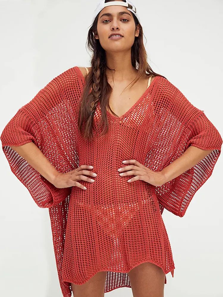 

2023 Sexy Deep V Neck See Through Mesh Knited Red Crochet Loose Dress Tunic Women Summer Beach Wear Mini Dresses Q1300