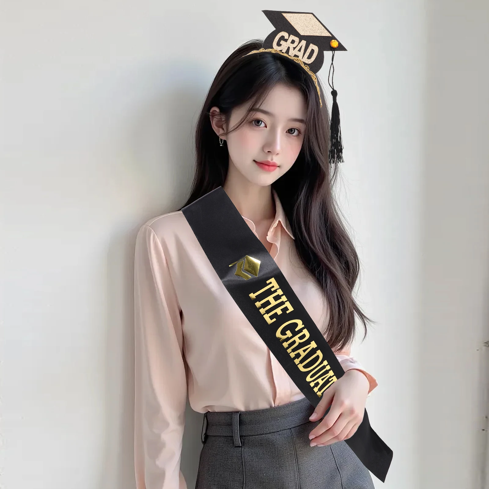

2pcs Graduation Headband Cap Black Satin Sash Plastic Accessories Hairstyle Tools Student Gifts Party Decorations