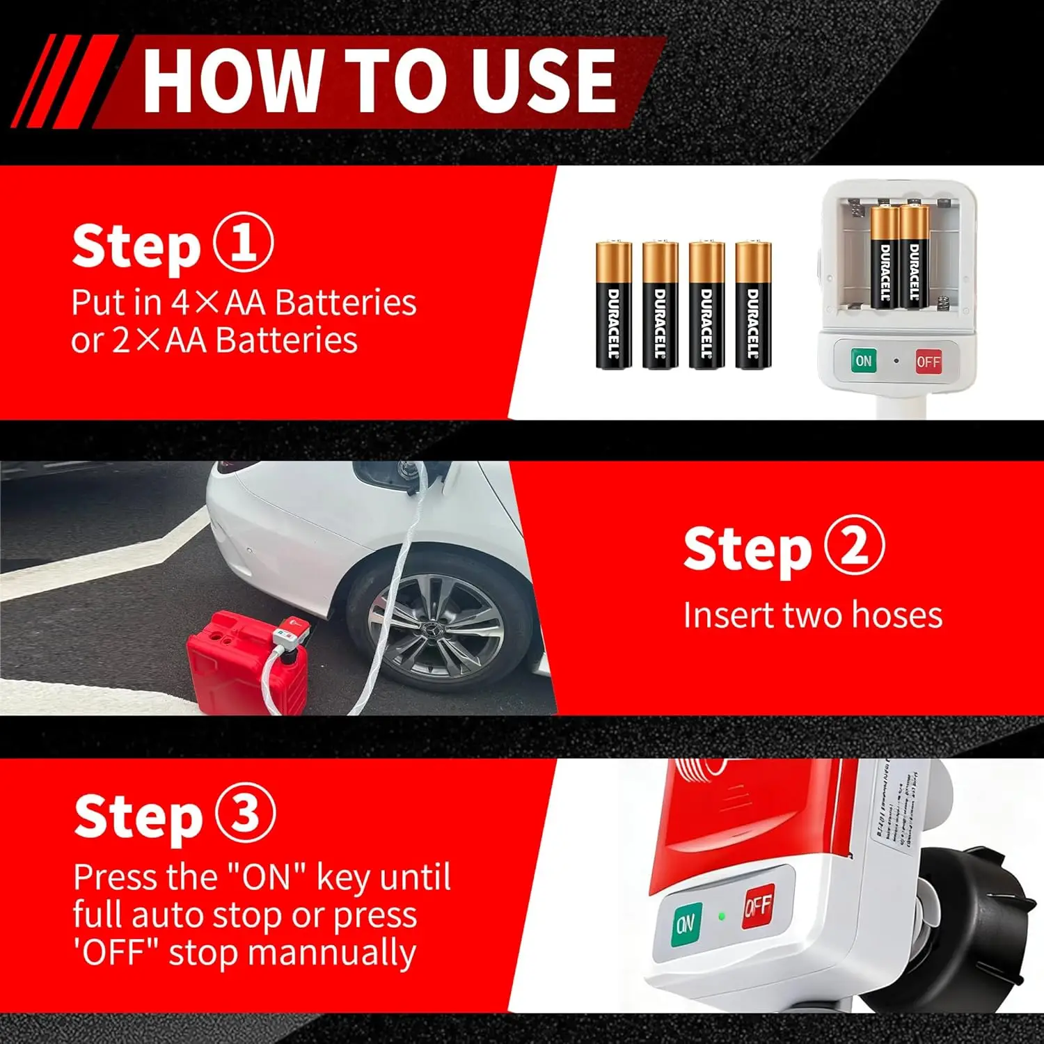 Automatic Fuel Transfer Pump with Auto-Stop, 51'' Hose, 3.2 GPM, Battery Powered, 4 Adapters for Gasoline Diesel Oil