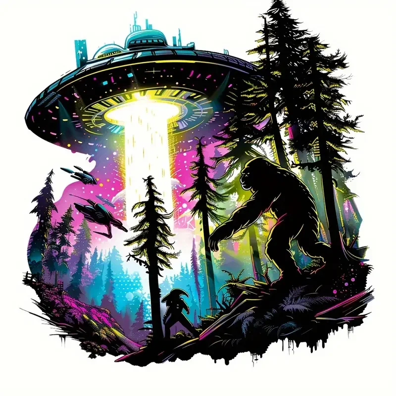 Sasquatch Forest UFO Encounters Vinyl Sticker - Waterproof, Sun-Resistant Decal with Gift Scraper, Versatile for Cars, Trucks, M