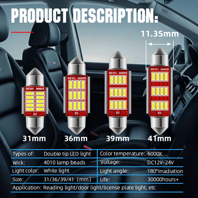 2/10PCS C10W C5W LED Canbus Festoon 31mm 36mm 39mm 42mm do żarówek samochodowych Wewnętrzne światło do czytania Lampka tablicy rejestracyjnej Biały Bezpłatny błąd