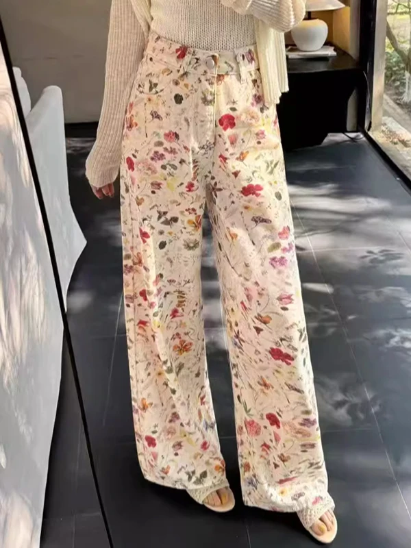 

Fashionable Printed Wide Leg Jeans Loose Fit High Waist Long Pants Casual Style Summer Collection Women's Premium Denim Trousers