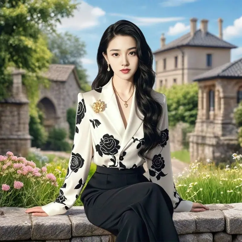 

White Printing Shirts Female 2025 Spring Autumn New Temperament Buttons V-neck Long Sleeve Blouse Women Clothes Simplicity Tops