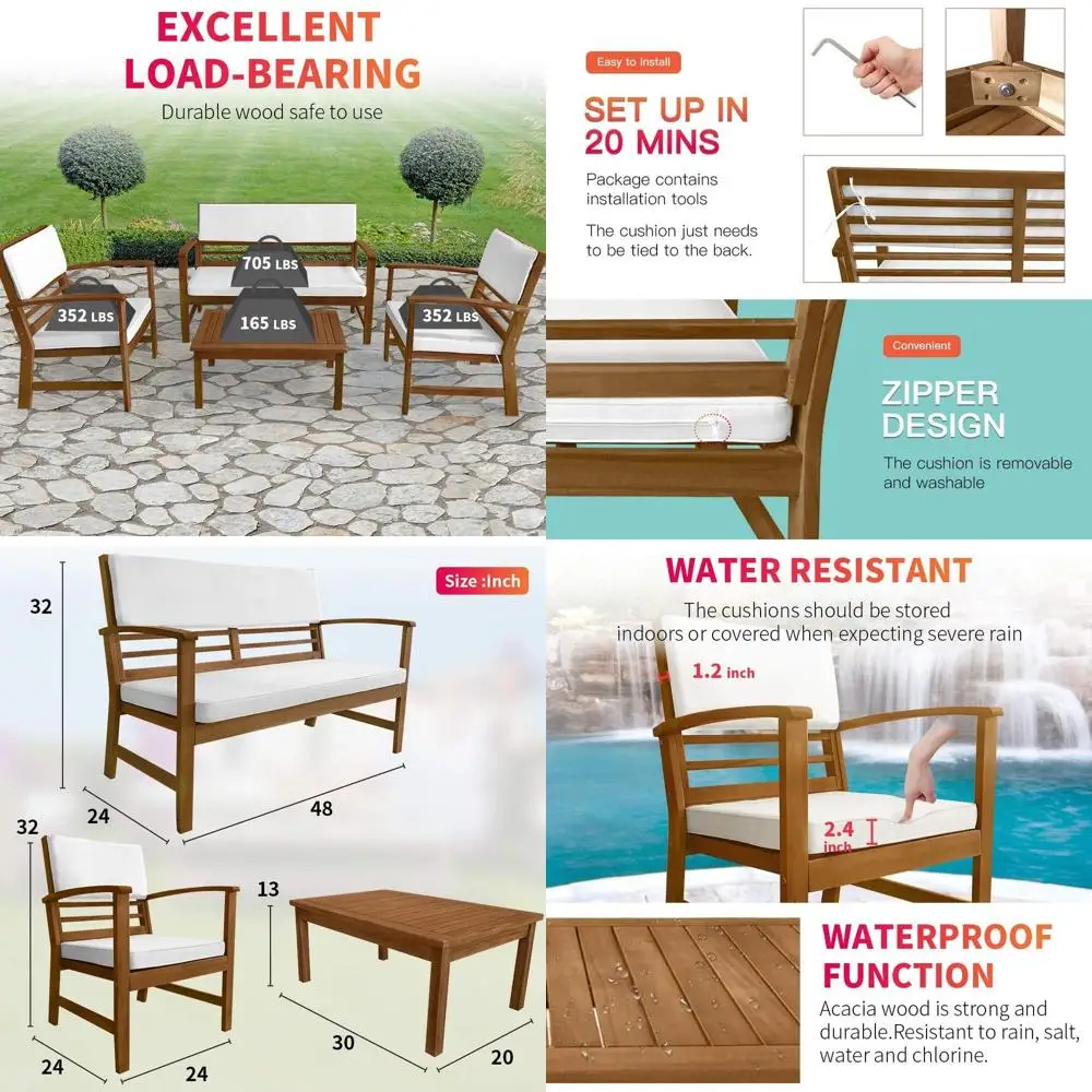 4-Piece Acacia Wood Patio Furniture Set with Cushions for Outdoor, Garden, Balcony, Porch, Deck, Poolside, Beach