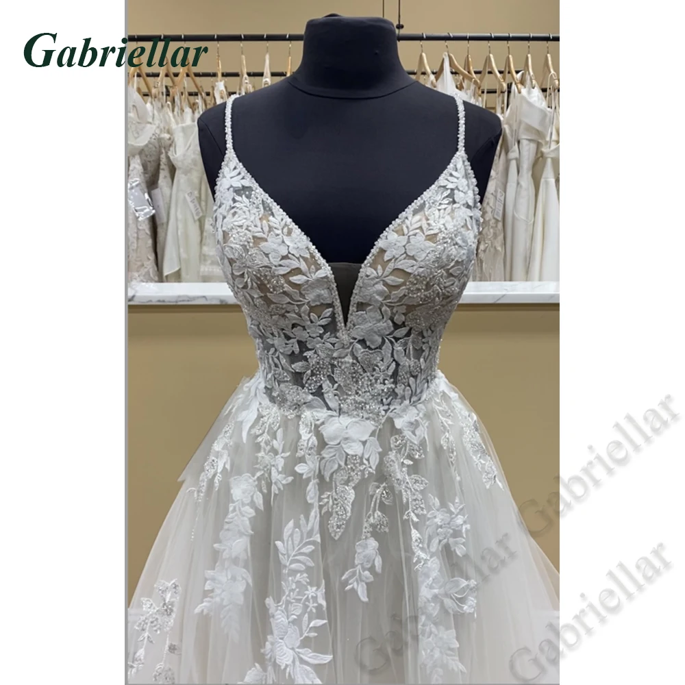 Gabriellar Pastrol Wedding Dresses for Mariages Spaghetti Strap Lace Appliques Open Back Tulle Brush Train Vestido De Casamento