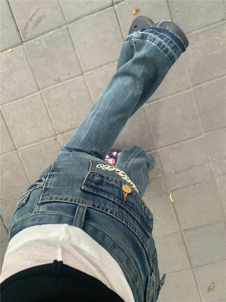 

Ретро-джинсы в американском стиле, синие, с рваными краями, микро-клеш, женские, весна-осень, удлиненные, с низкой посадкой, в пол