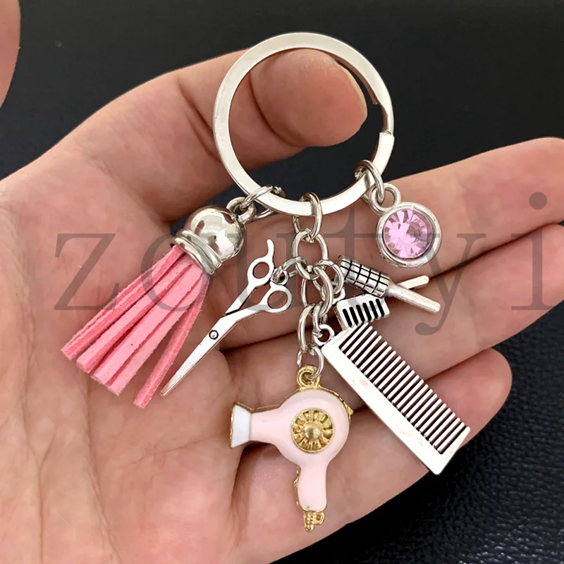 Nueva moda peinado regalo encanto borla llavero joyería retro mini tijeras de peluquería secador de pelo peine llavero manual DIY