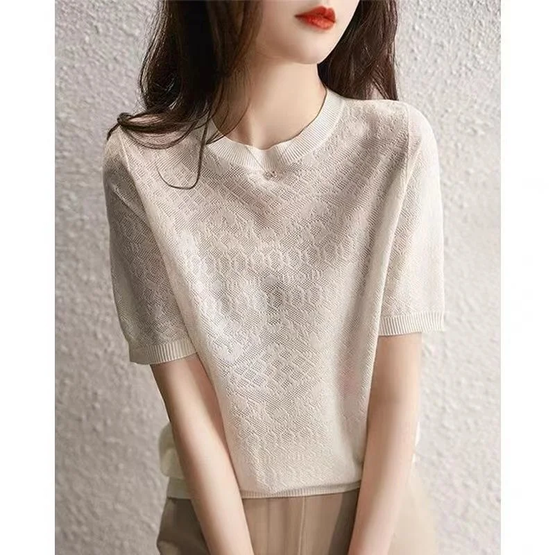 2024 Spring And Summer New Thin Bottoming Streetwear Womens Clothing Perspective Ice Silk Knitted Blouse Top White Shirt Blusas