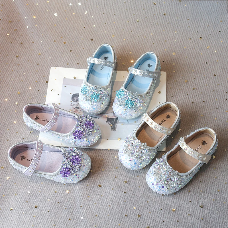 

Toddler Girls Sparkly Sequins Leather Shoes with Shiny Beaded 2026 New Summer Kids Crystal Sandals Soft Sole Trendy Princess