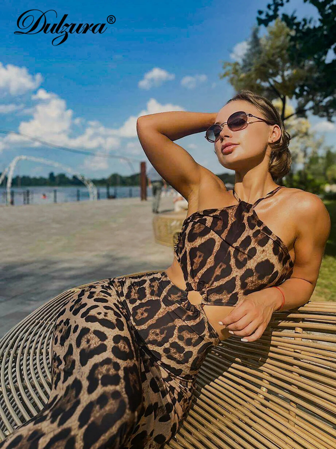 Dulzura Halter Leopard Printed Midi Dress Cut Out Backless Sleeveless Women Sexy Dresses Lady Party Club Beach Nightout Date Y2K