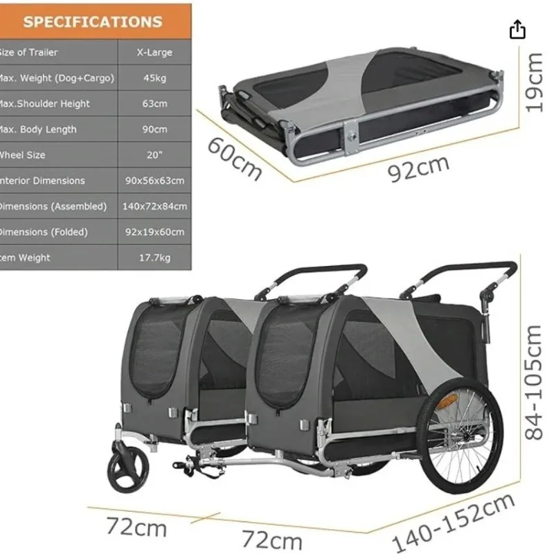 Oversized three-wheeled dual-purpose bicycle pet trailer rear trailer with shock absorber brakes