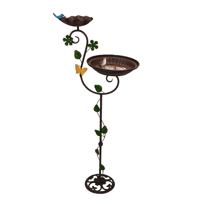 Comedero y Bañera para Pájaros de Hierro Forjado Estilo Retro DSA, Decoración para Jardín con Base para Insertar en el Suelo