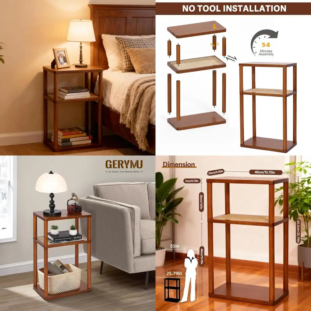 

Walnut Brown Rattan Shelf Solid Wood Side Table, 9.45x15.75x25.79, Perfect for Living Room, Bedroom, Office