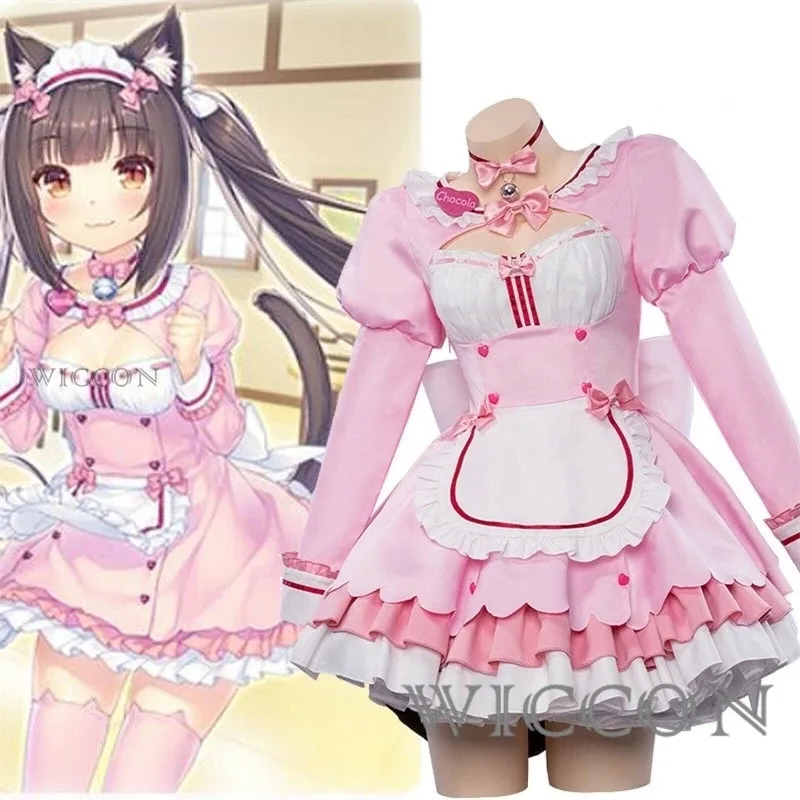 asdh8@Аниме-игра NEKOPARA Vol.4 Chocola Vanilla Косплей Костюм Парик Nekomimi Paradise Хэллоуин Лолита Платье Горничной Униформа Розовый B